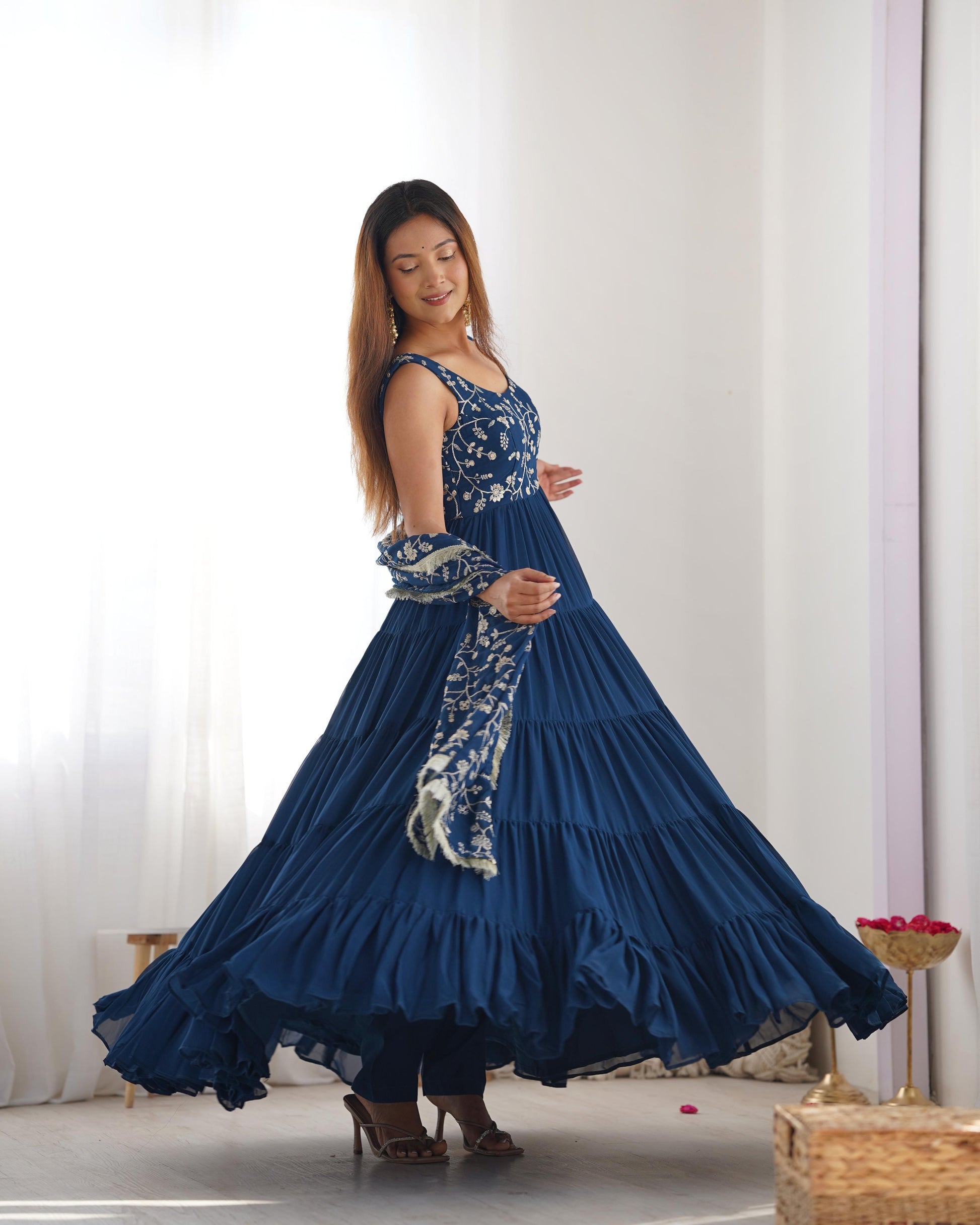Teal blue color georgette stitched long gown online