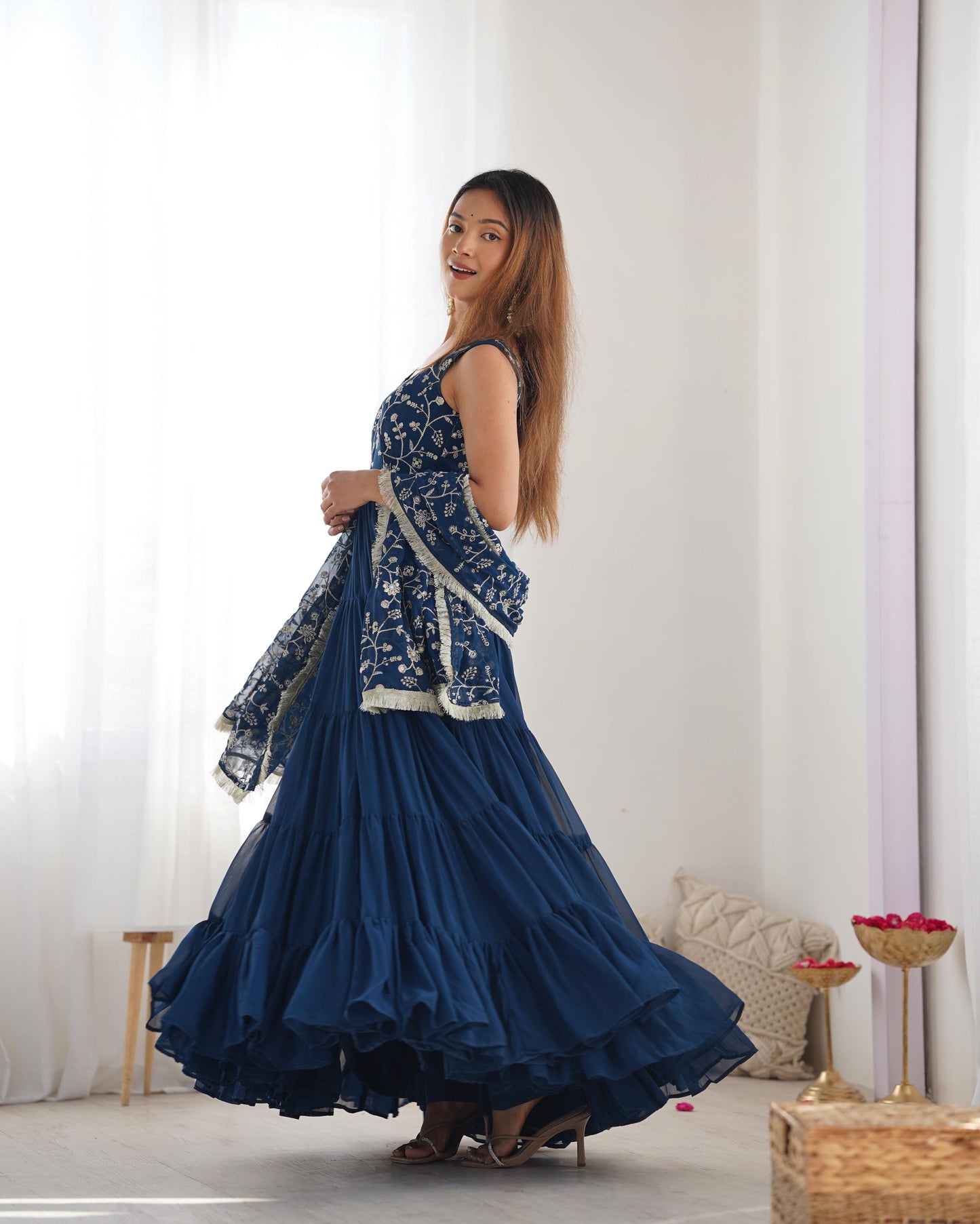 Teal blue color georgette stitched long gown with dupatta for wedding