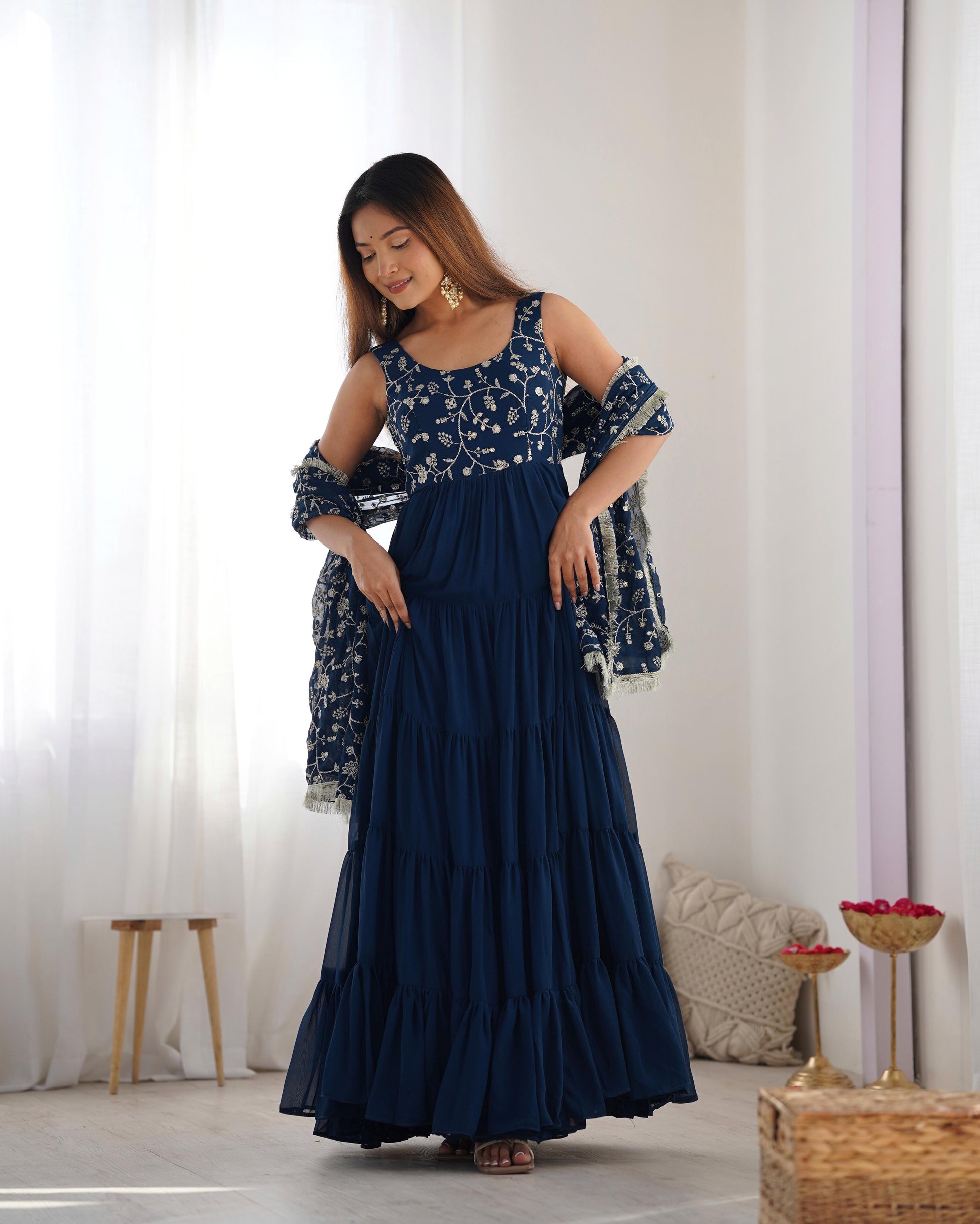 Teal blue color georgette stitched long gown price