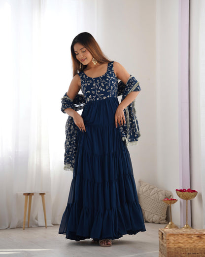 Teal blue color georgette stitched long gown price