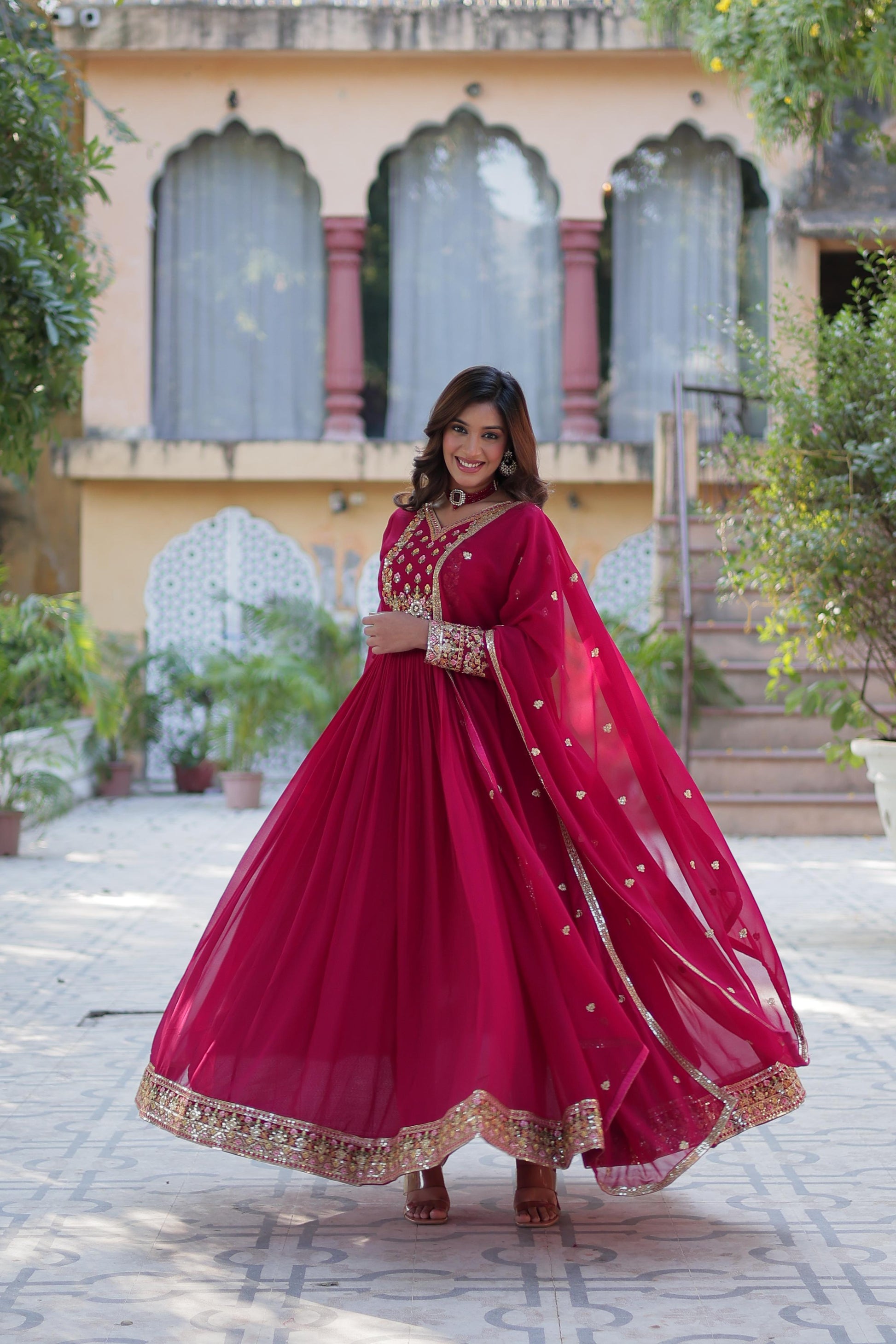 Pink color georgette sequins work gown with dupatta online shopping