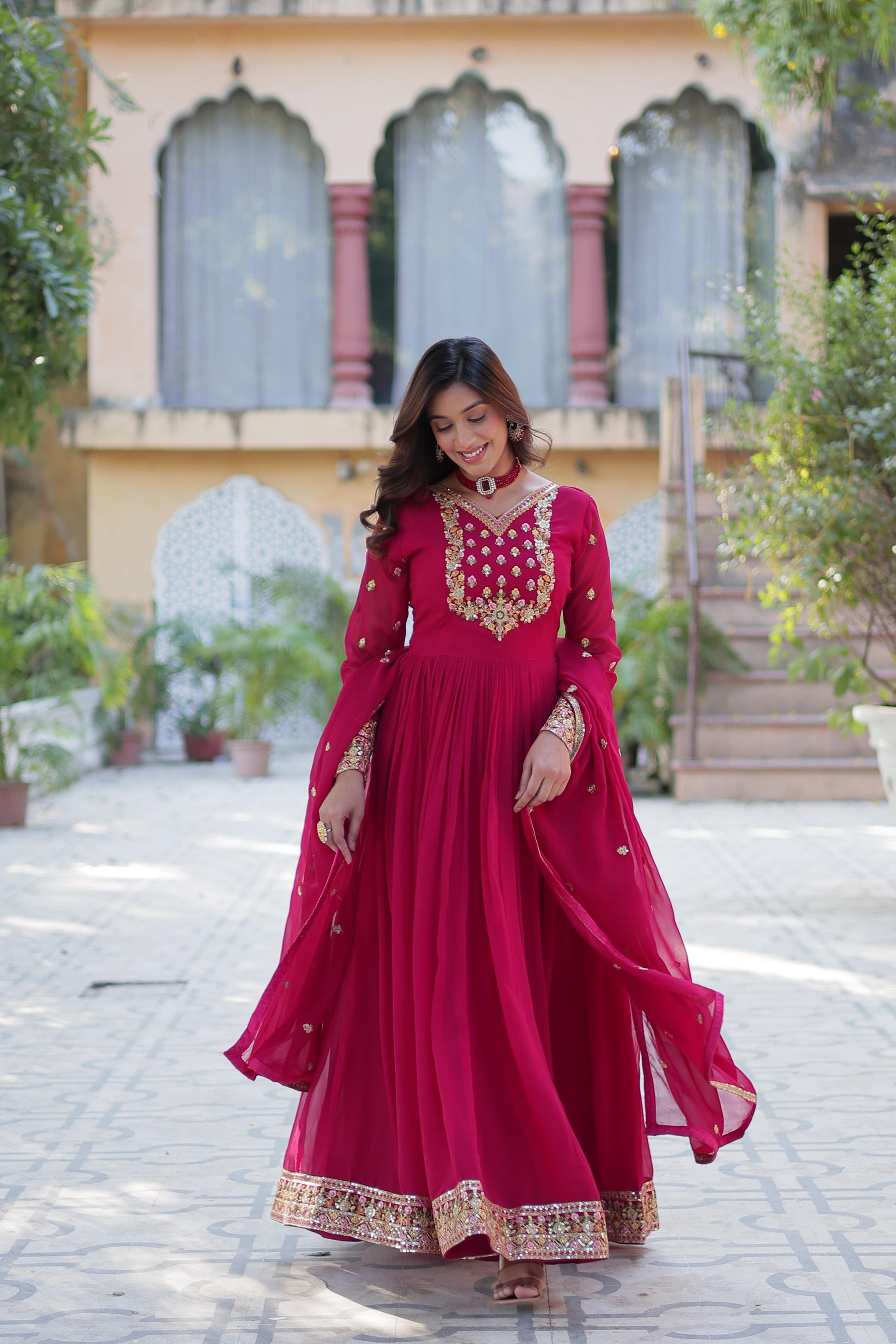 Pink color georgette sequins work gown with dupatta price