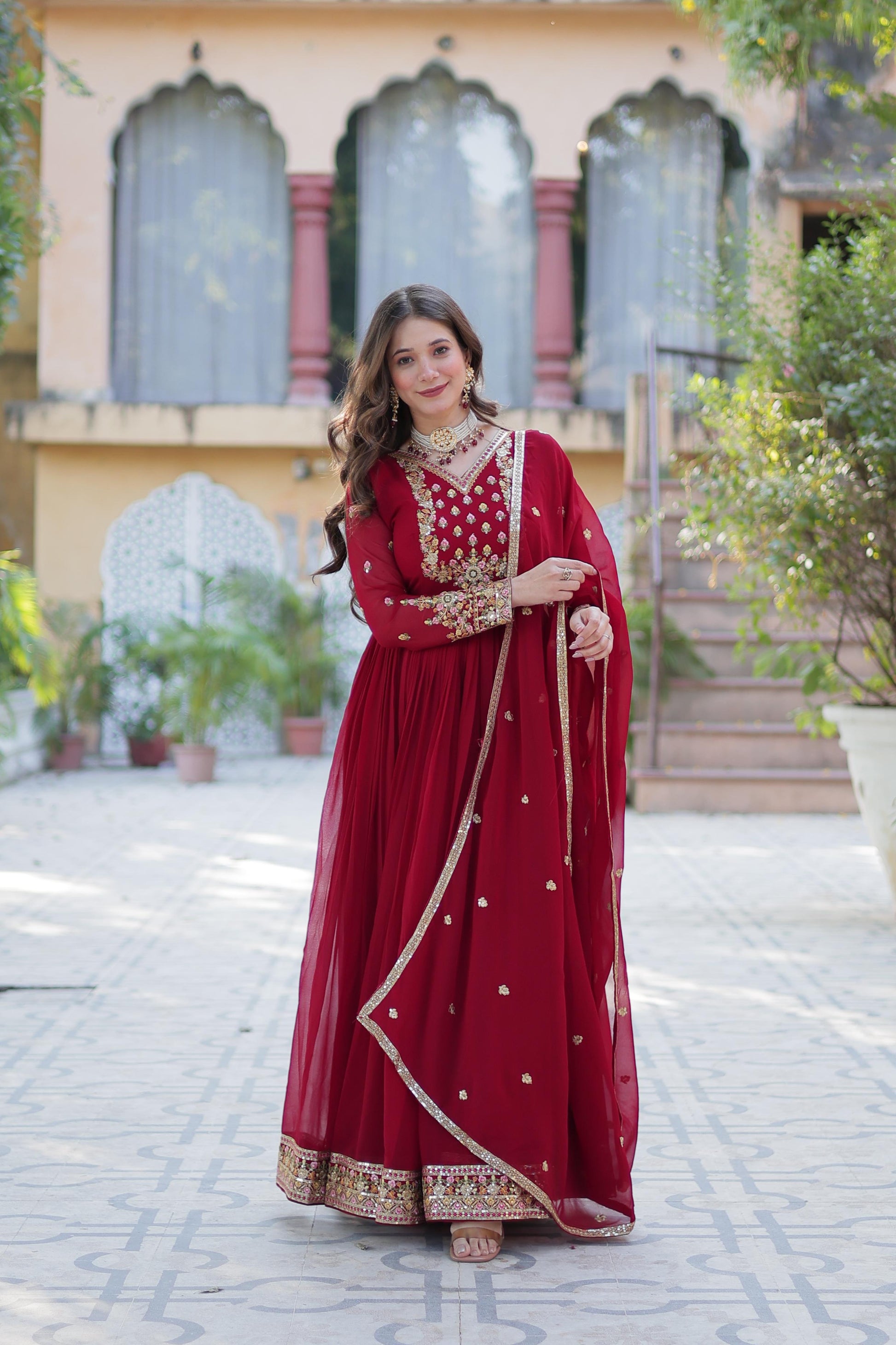 Red color georgette sequins work gown with dupatta online
