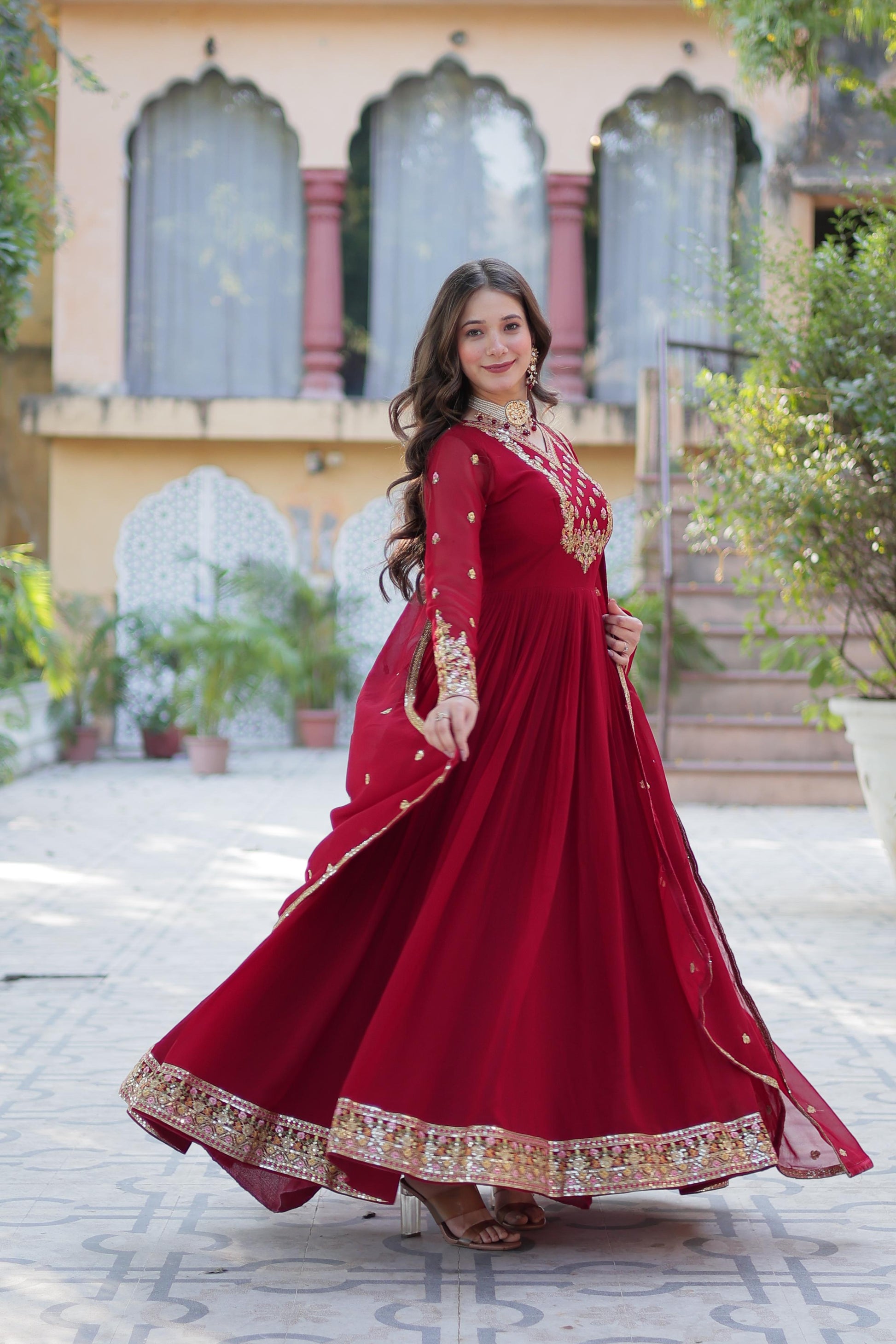 Pink color georgette sequins work stitched gown with dupatta images