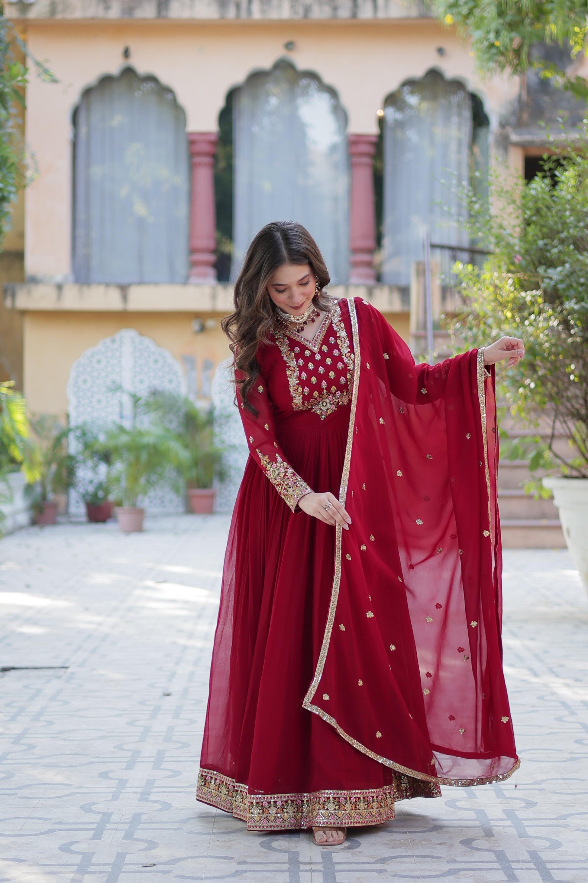 Pink color georgette sequins work stitched gown with dupatta for women