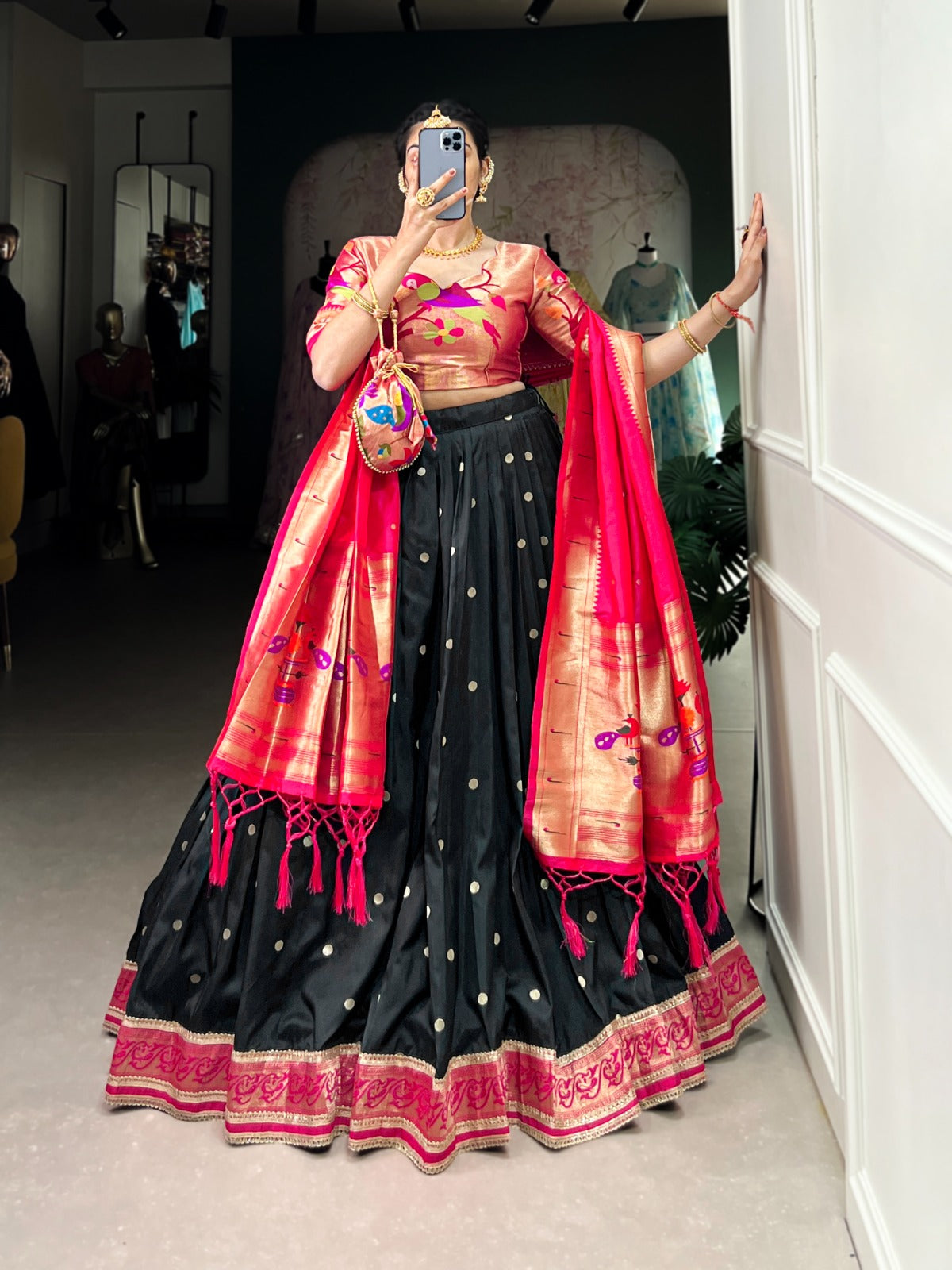 Black color jacquard silk lehenga choli with dupatta price 