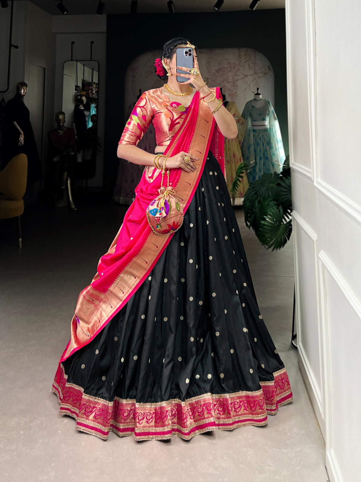 Black color jacquard silk lehenga choli with dupatta online shopping
