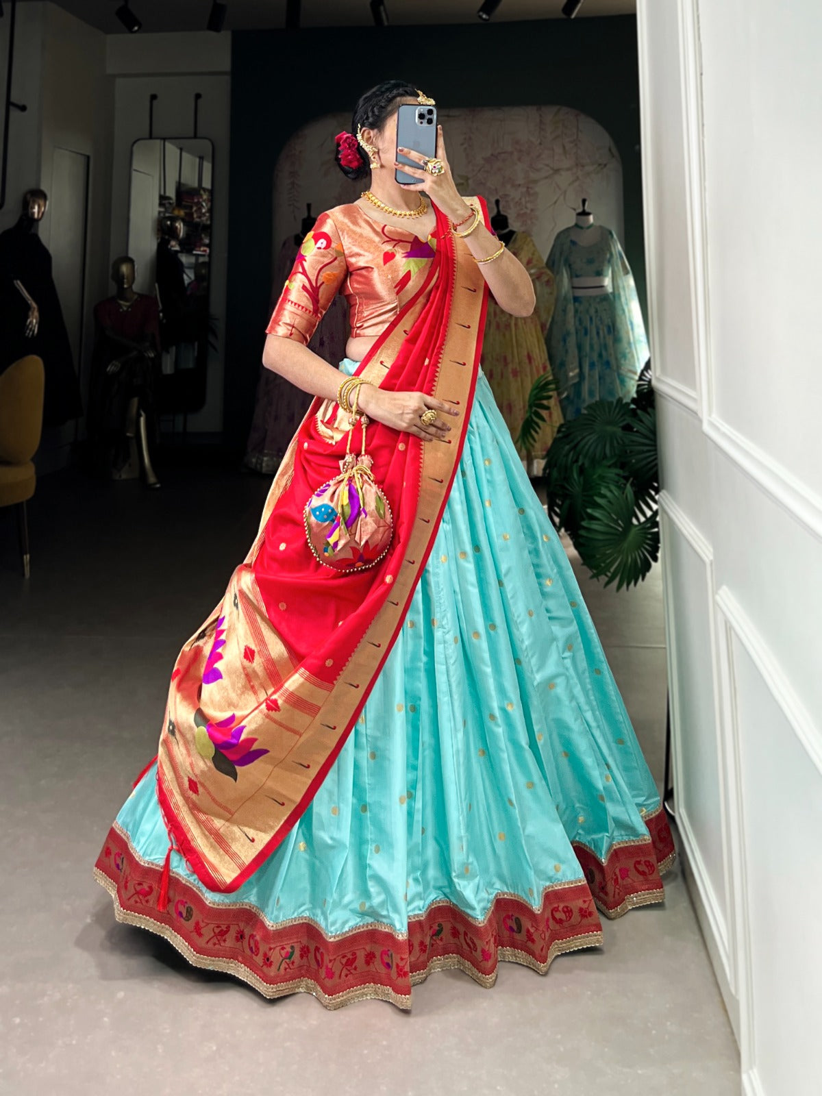 Sky blue color jacquard silk lehenga choli with dupatta design