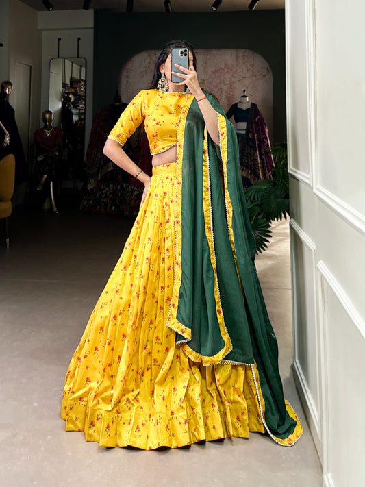 Yellow color tussar silk lehenga choli for women
