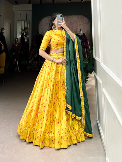 Yellow color tussar silk lehenga choli with dupatta images