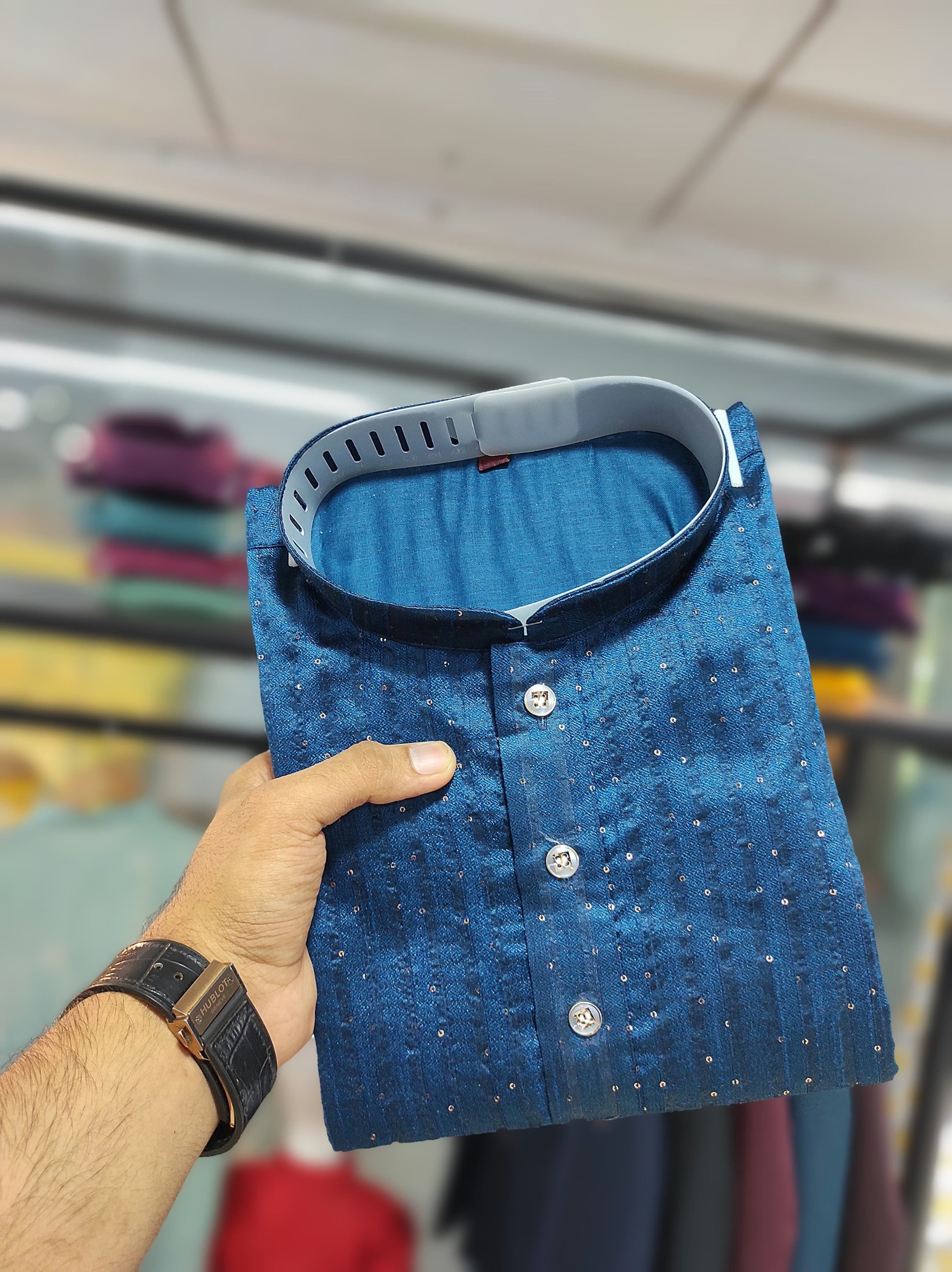 Teal blue color Jacquard Silk kurta for men's