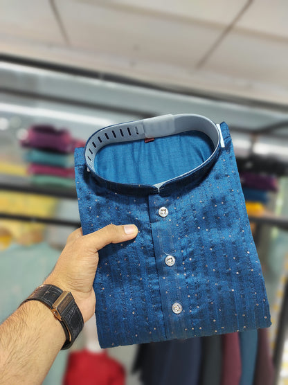 Teal blue color Jacquard Silk kurta for men's