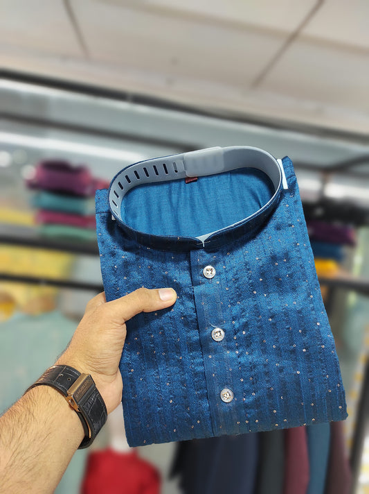 Teal blue color Jacquard Silk kurta for men's
