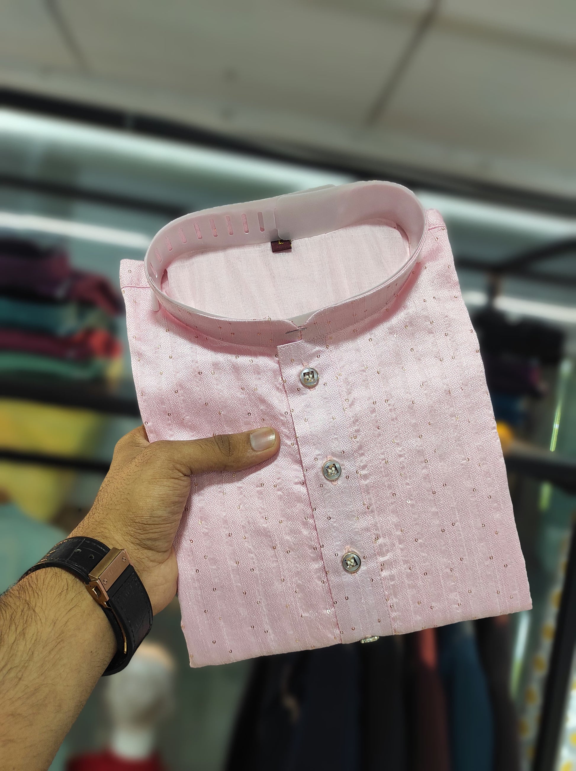Pink color Jacquard Silk men's kurta with pajama images