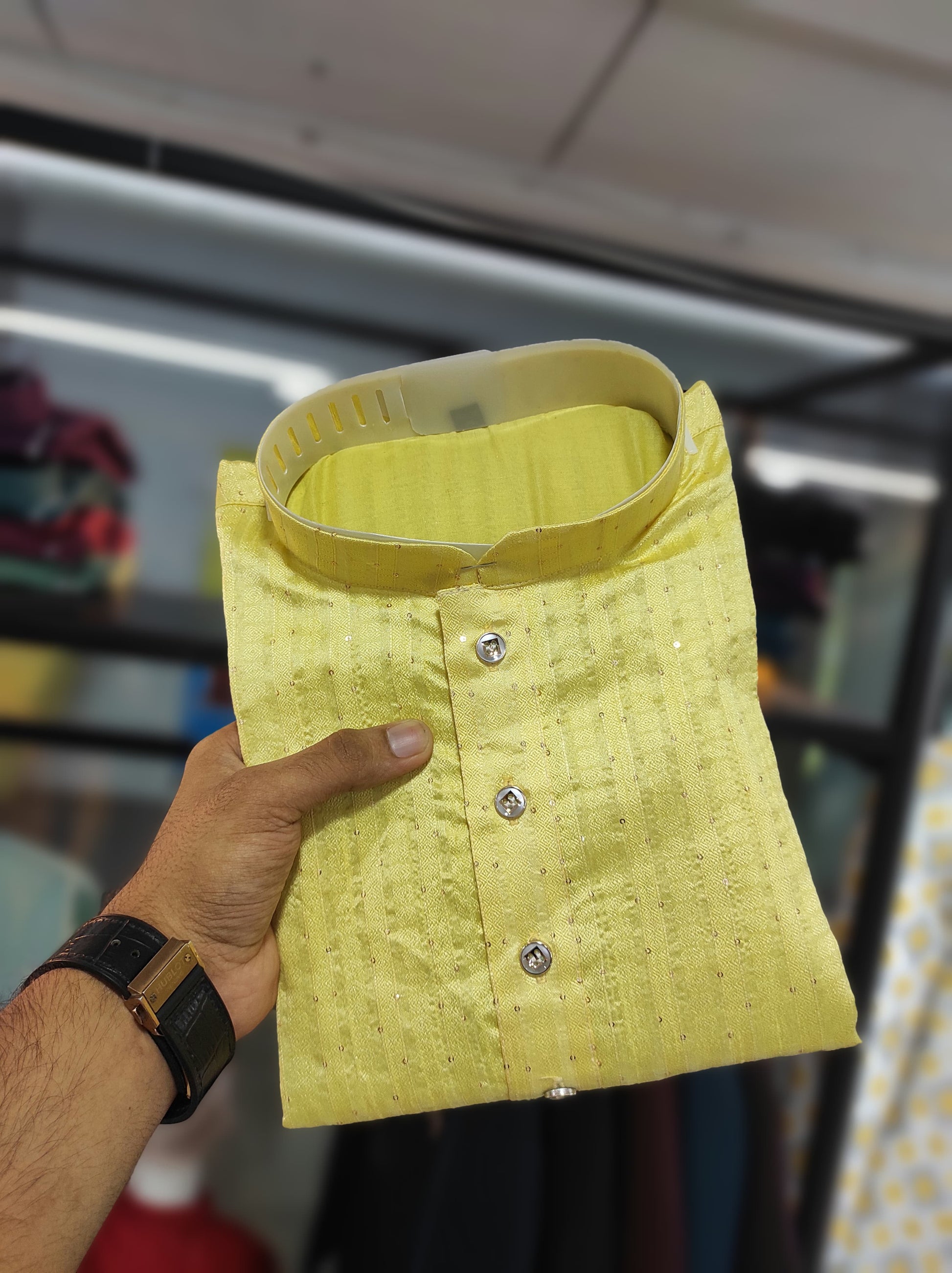 Yellow color Silk men's kurta with pajama for party 