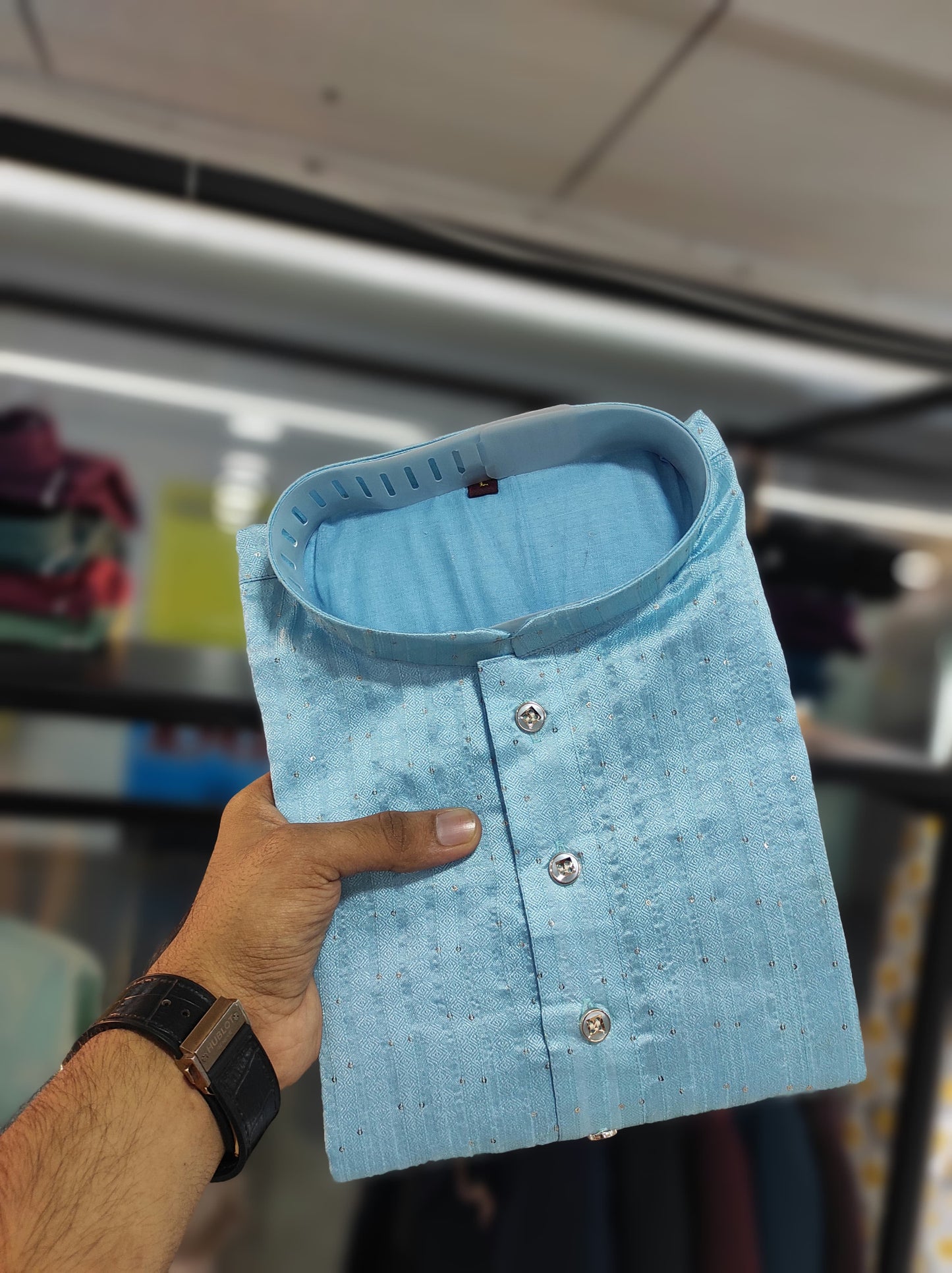 Sky color Jacquard Silk men's kurta with pajama online shopping
