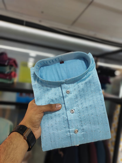 Sky color Jacquard Silk men's kurta with pajama online shopping