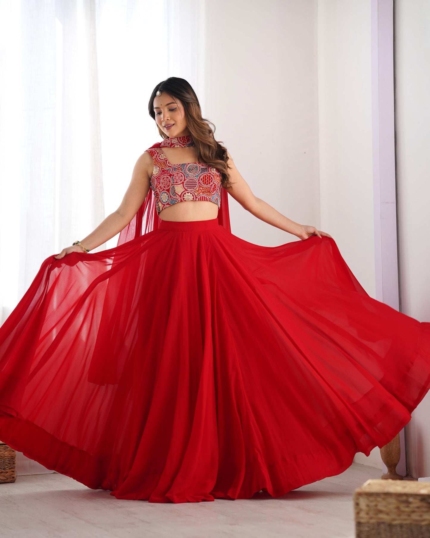 Red color georgette lehenga choli online shopping