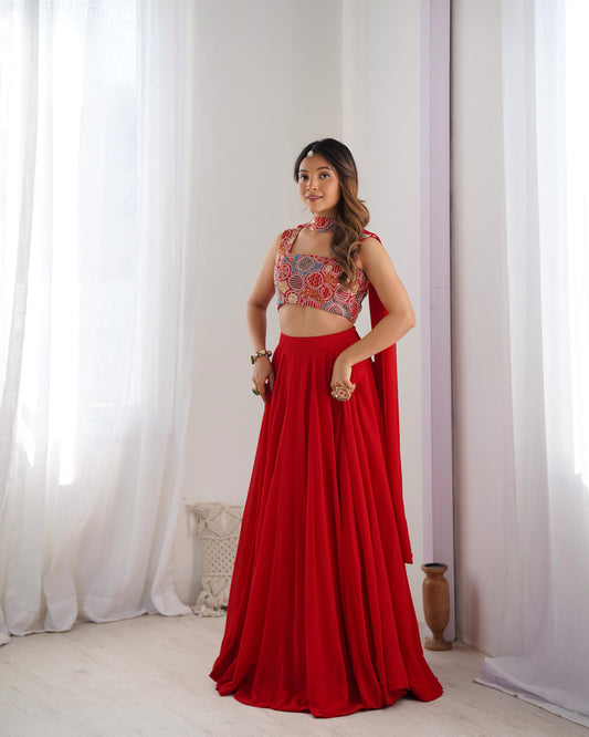 Red color georgette lehenga choli for women