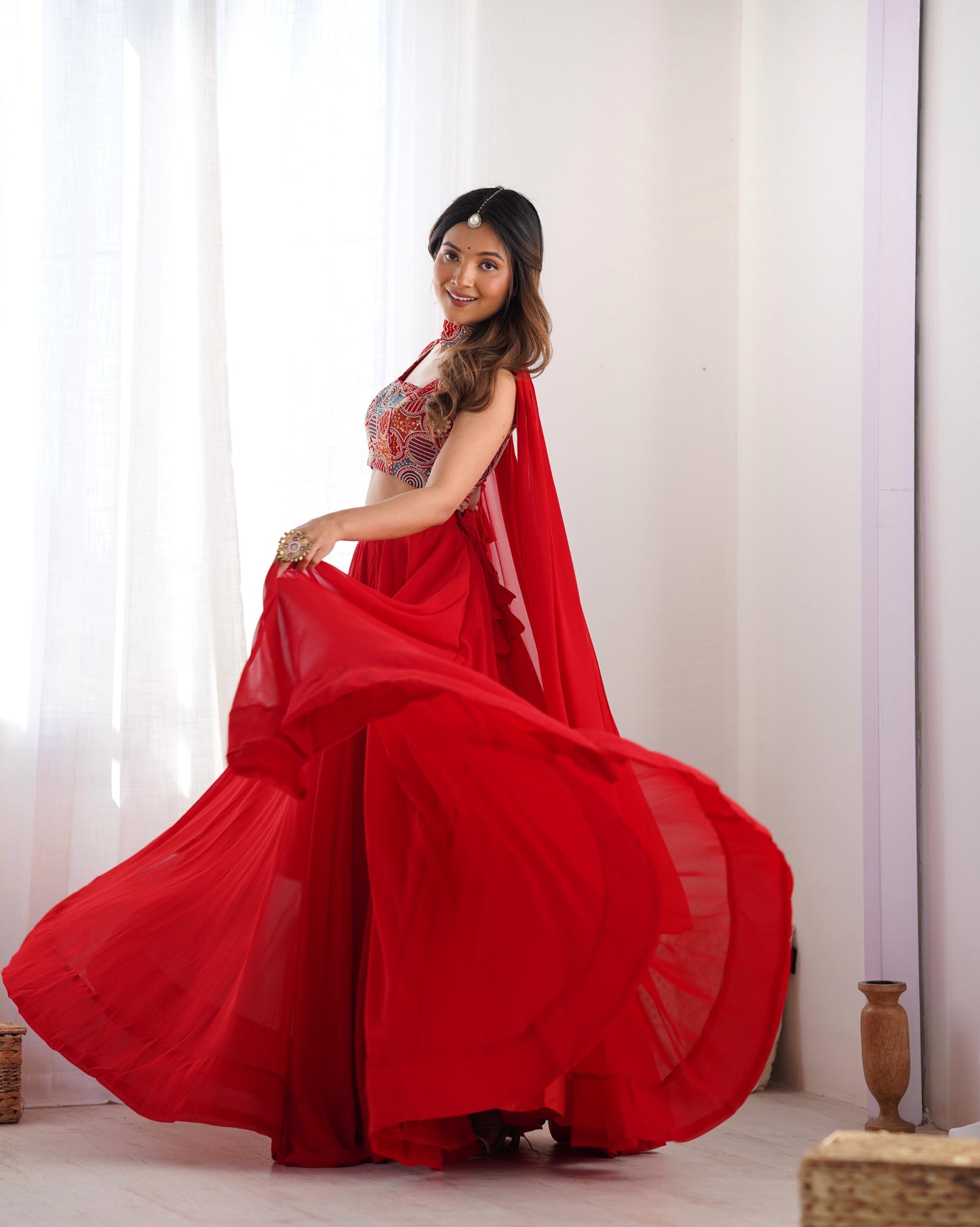 Red color georgette lehenga choli with dupatta price