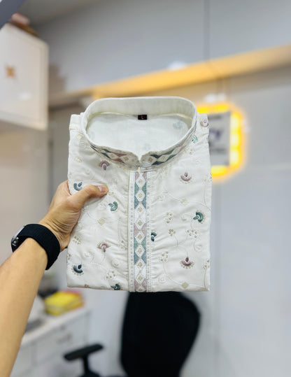 White color silky silk mens kurta with pajama online