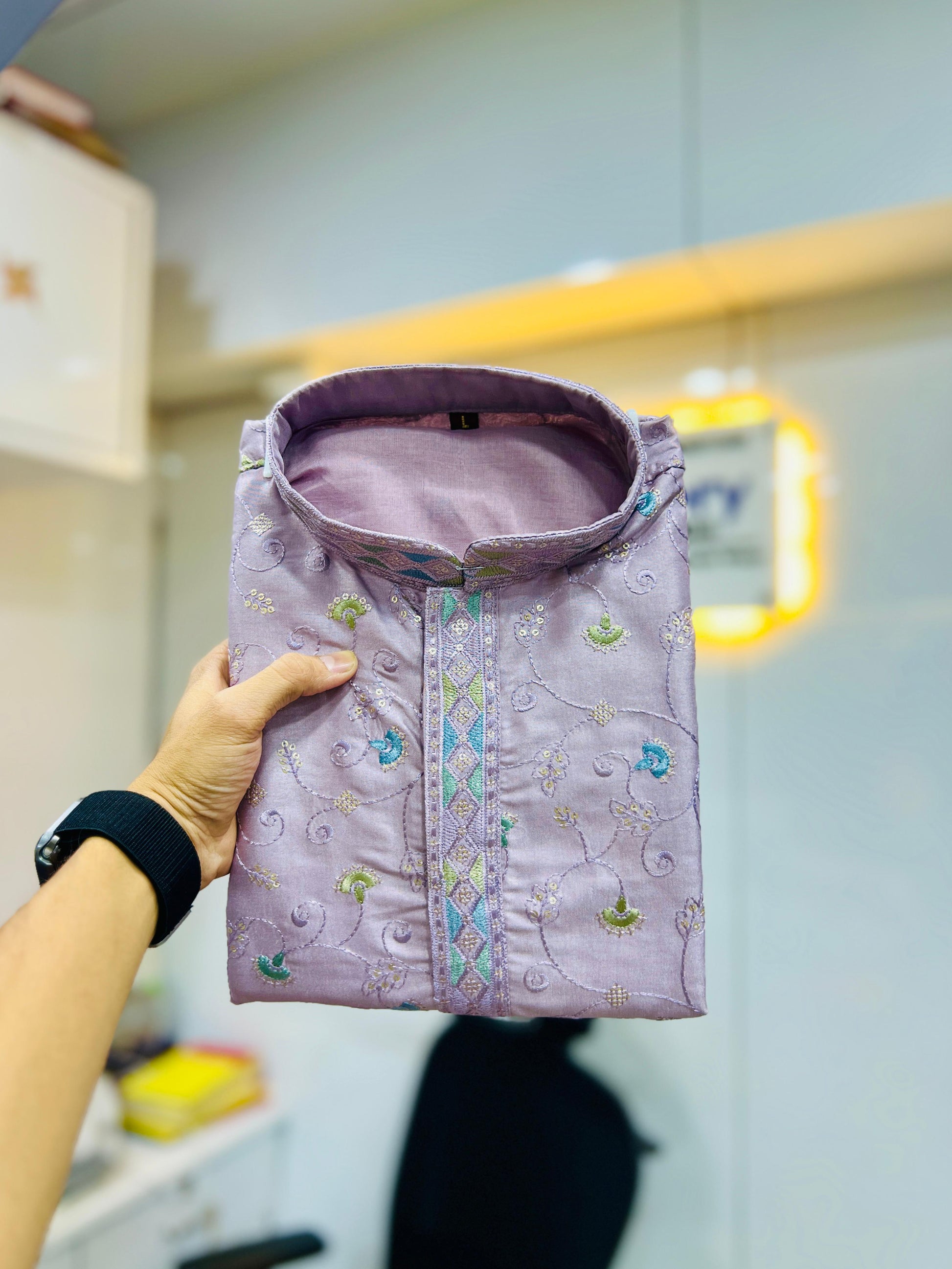 Purple color silky silk mens kurta with pajama online shopping