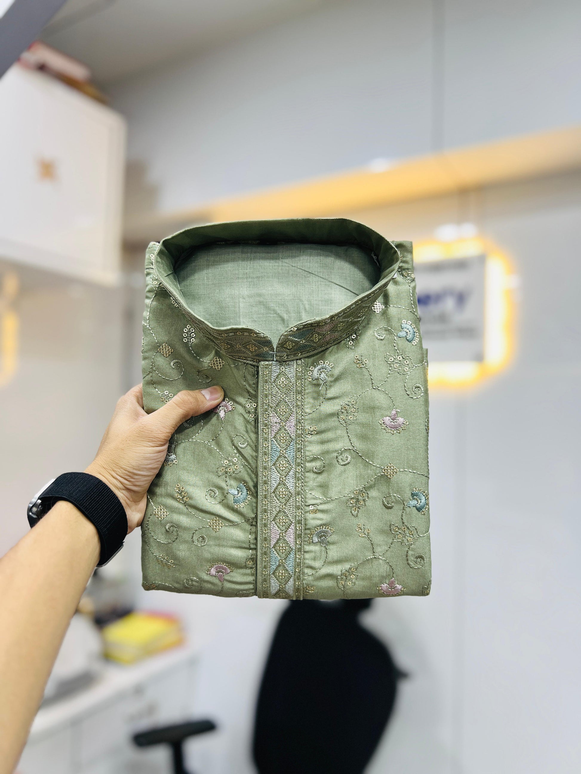 Green color silky silk mens kurta with pajama images