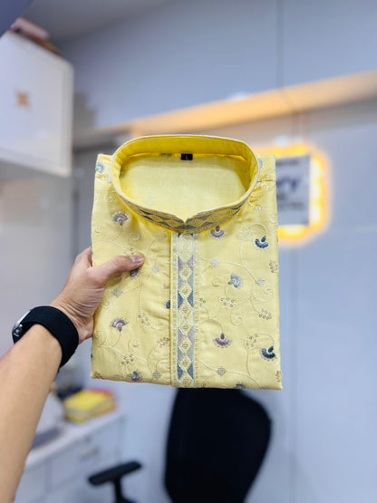 Yellow color silky silk mens kurta with pajama online
