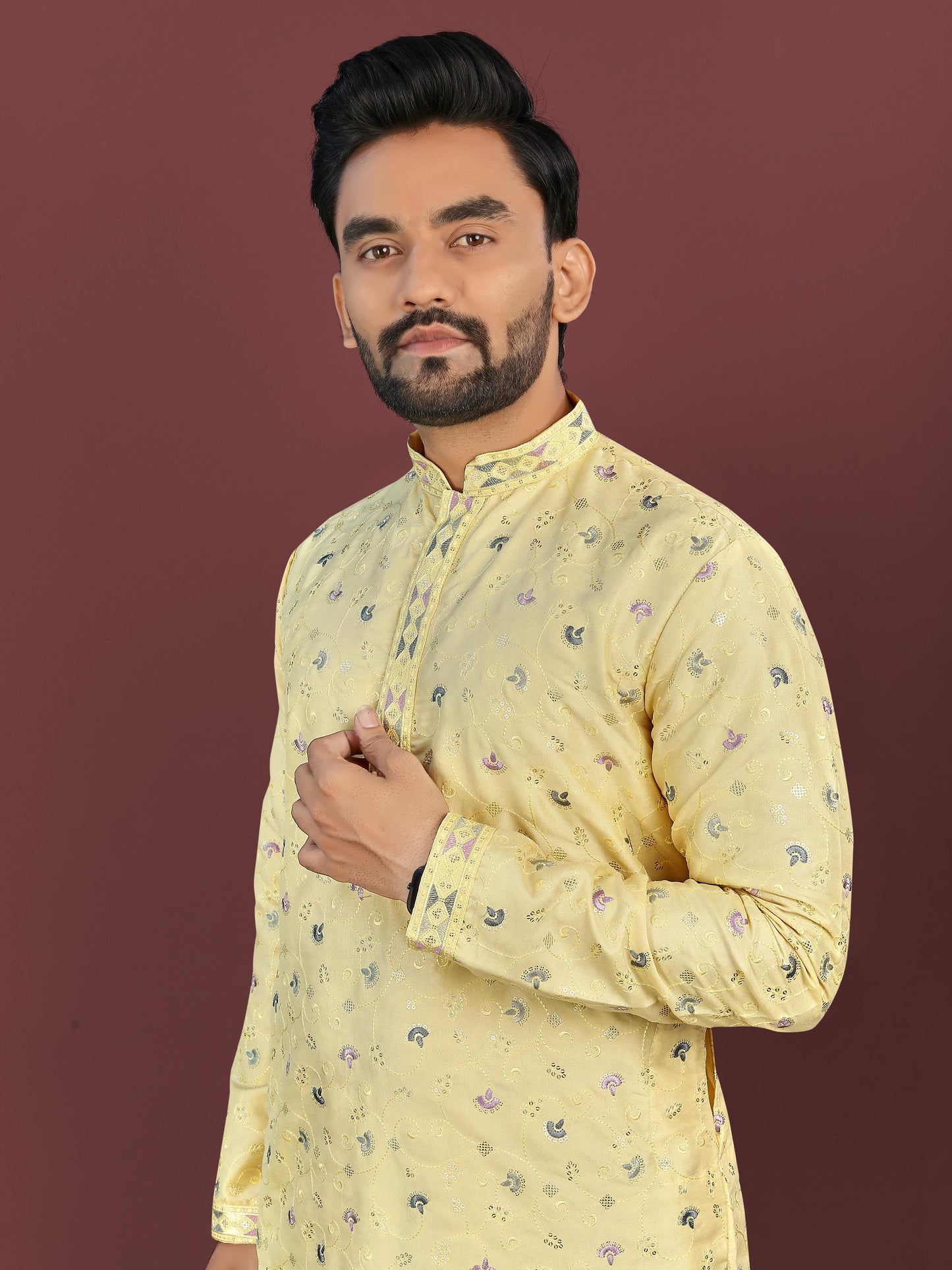 Yellow color silky silk mens kurta with pajama images