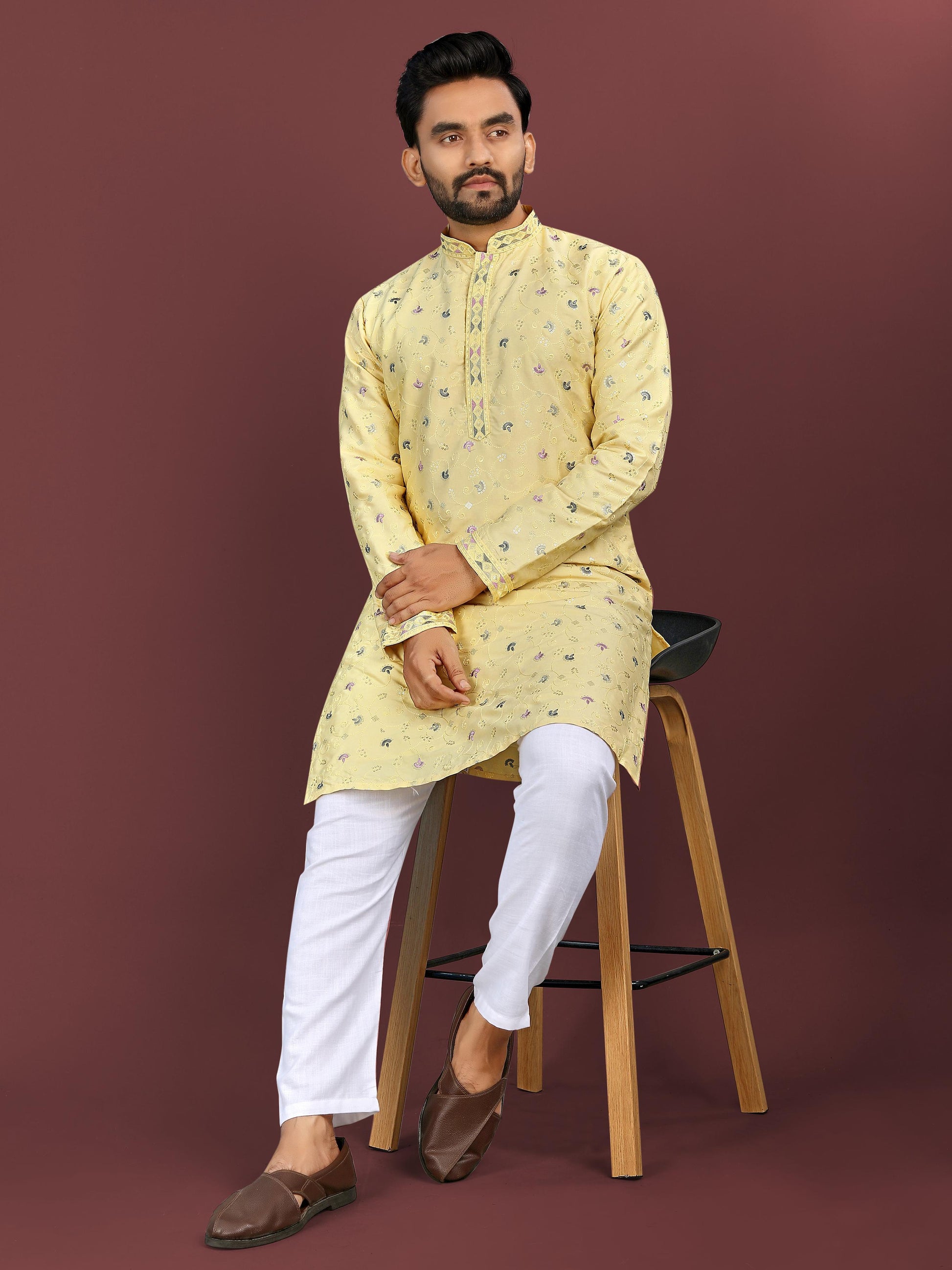 Yellow color silky silk mens kurta with pajama price