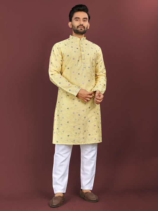 Yellow color silky silk mens kurta for party