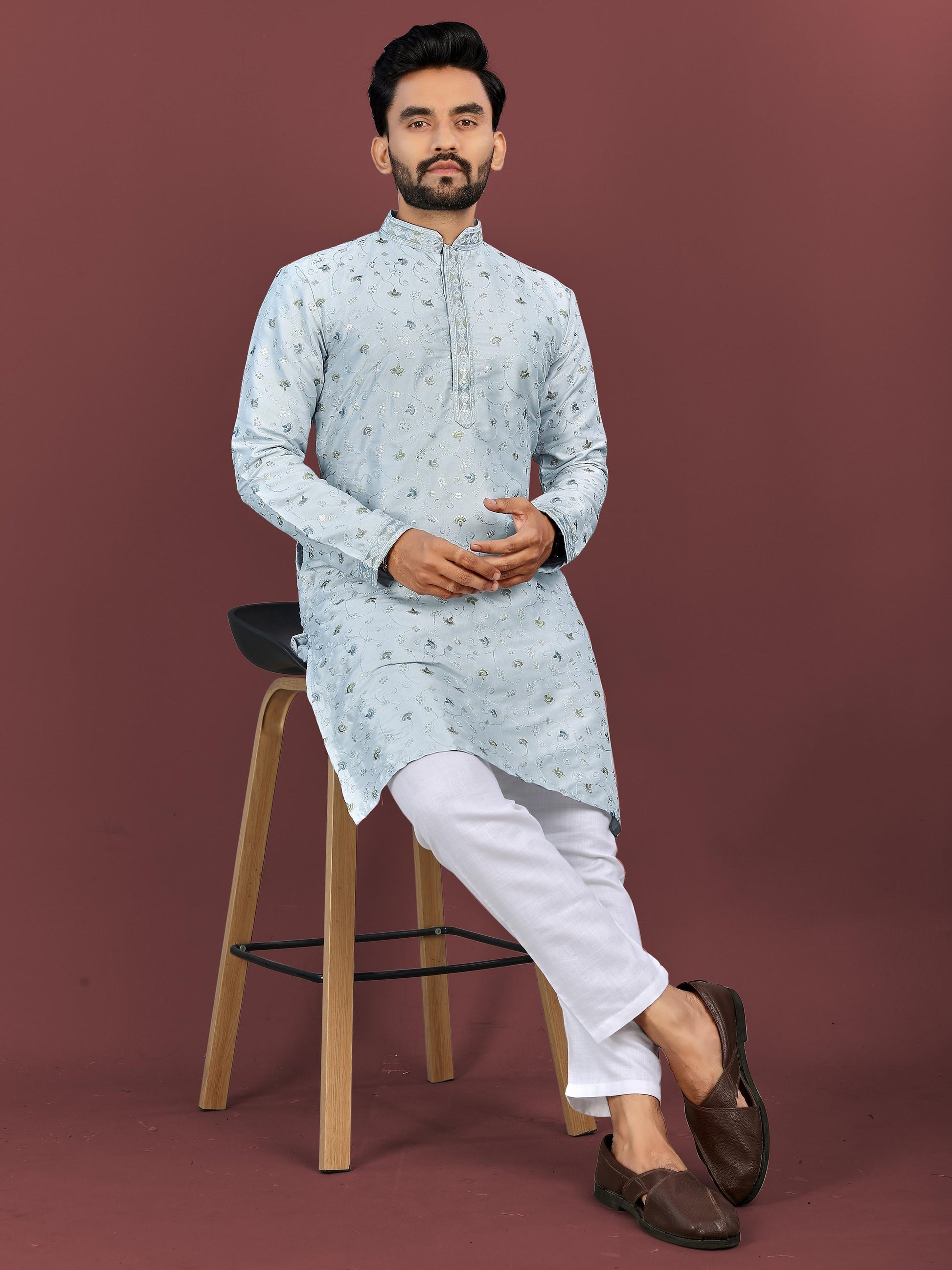 Sky color silky silk mens kurta with pajama price