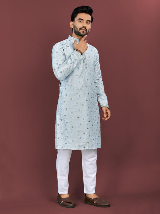 Sky color silky silk mens kurta with pajama online