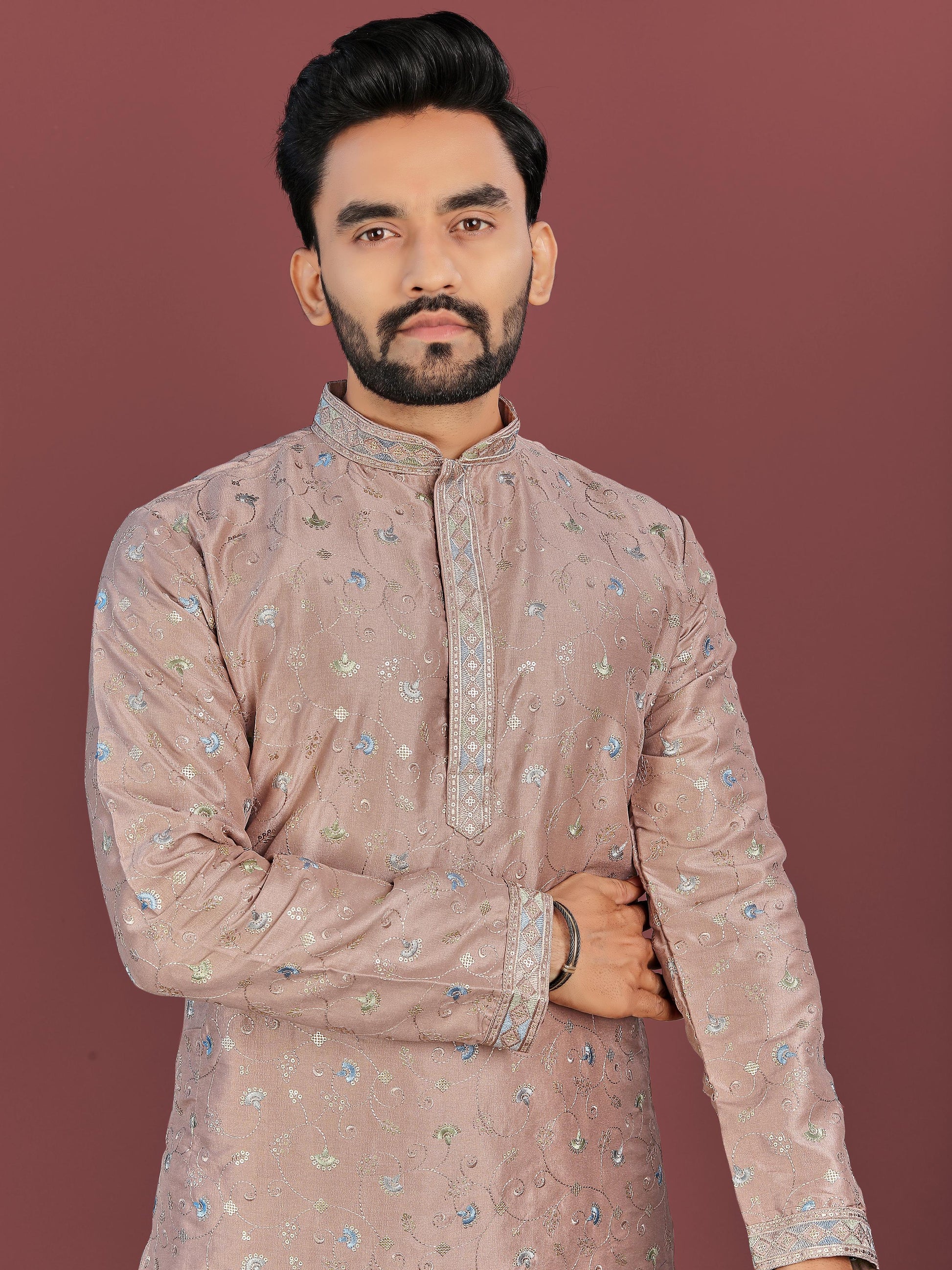 Brown color silky silk mens kurta with pajama images