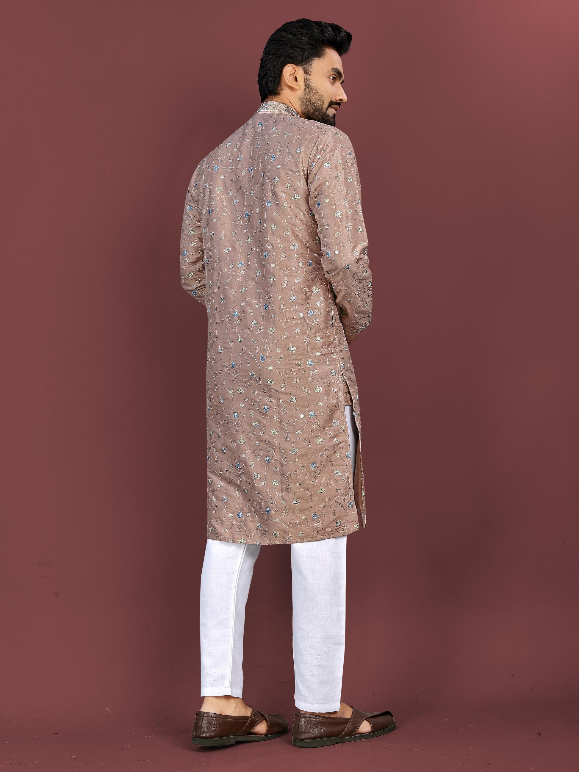 Brown color silky silk mens kurta with pajama price