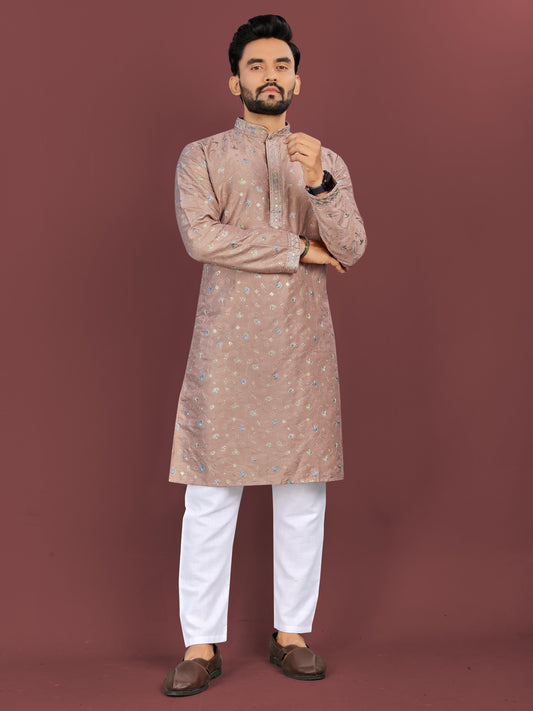 Brown color silky silk mens kurta with pajama online