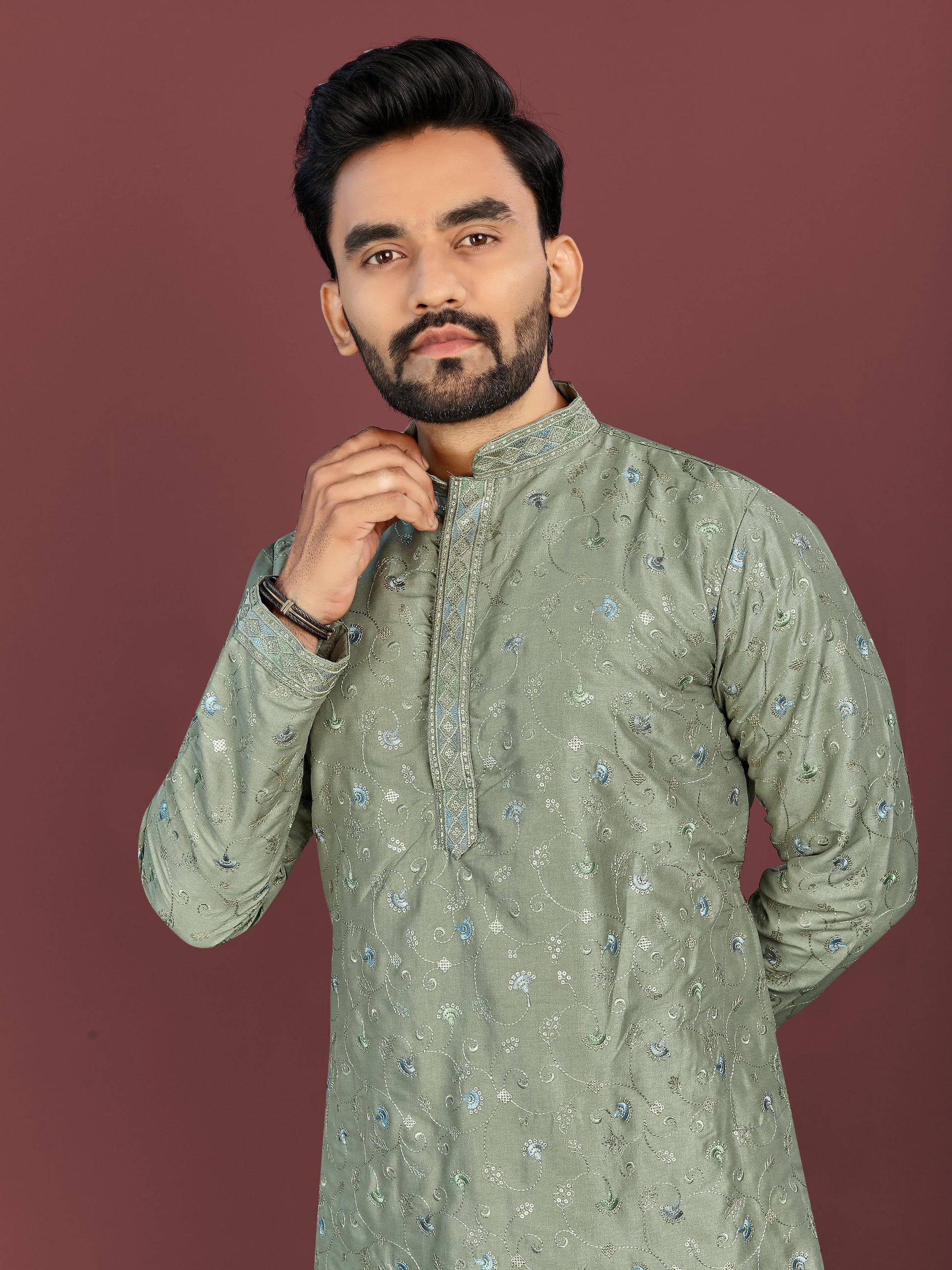 Green color silky silk  men's kurta with pajama price