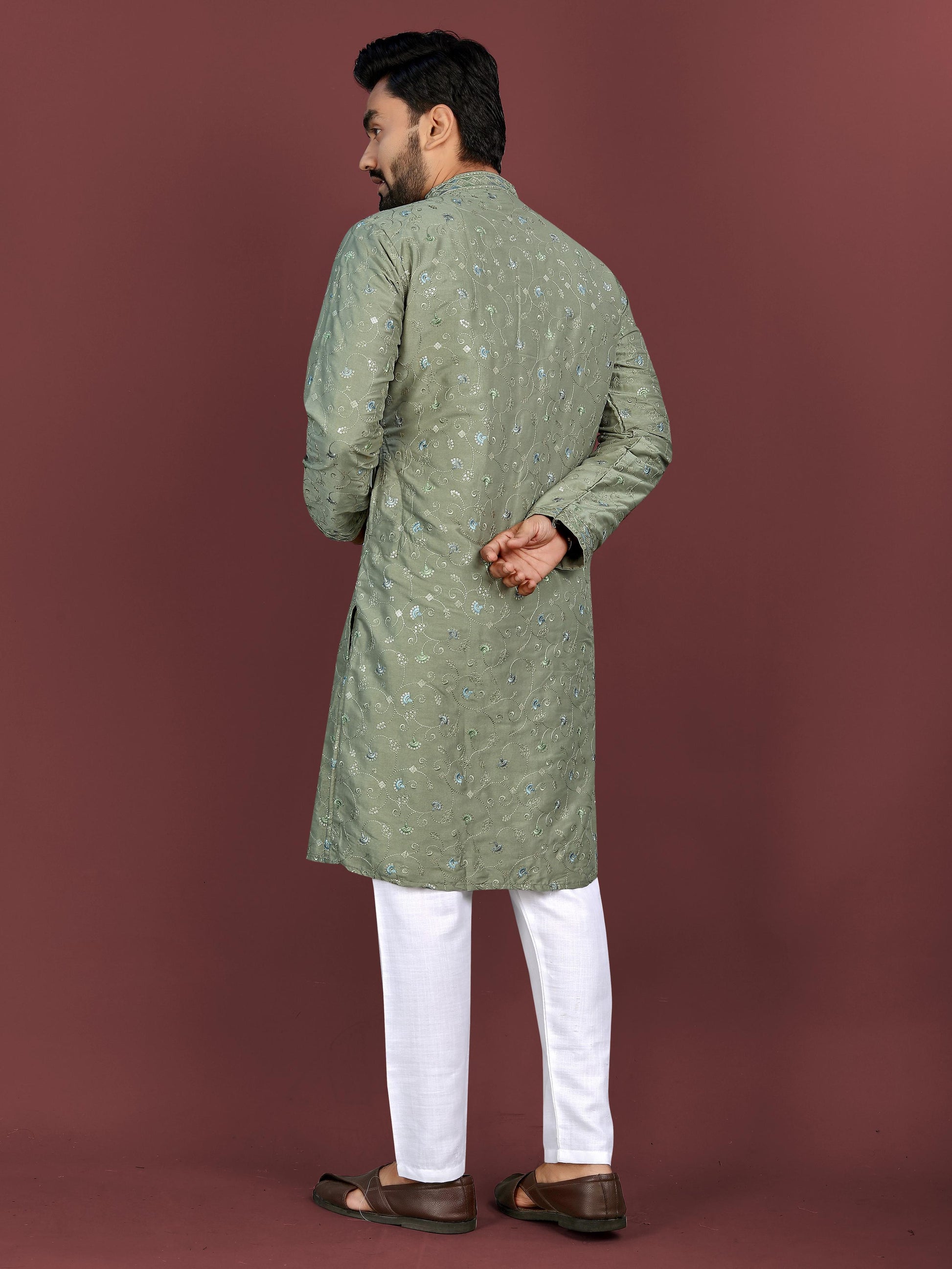 Green color silky silk  men's kurta with pajama online