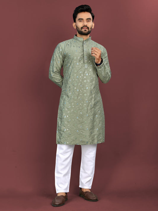 Green color silky silk kurta for men's