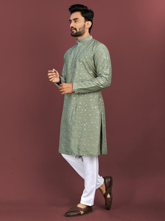 Green color silky silk  men's kurta for party