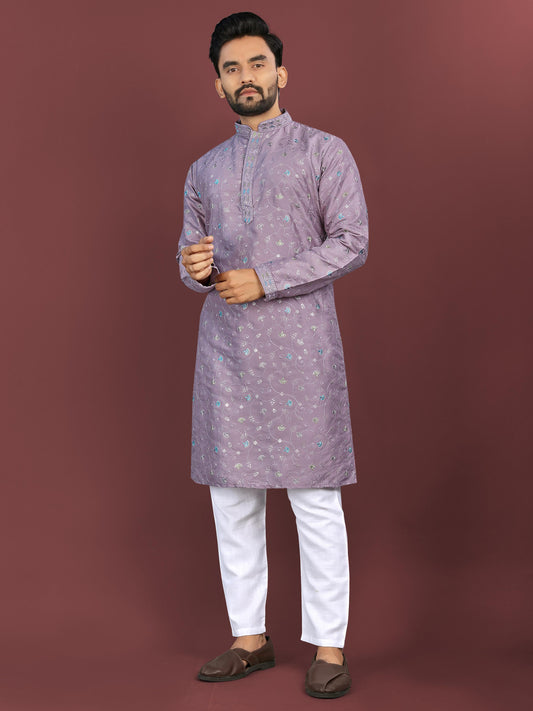 Purple color silky silk mens kurta for party