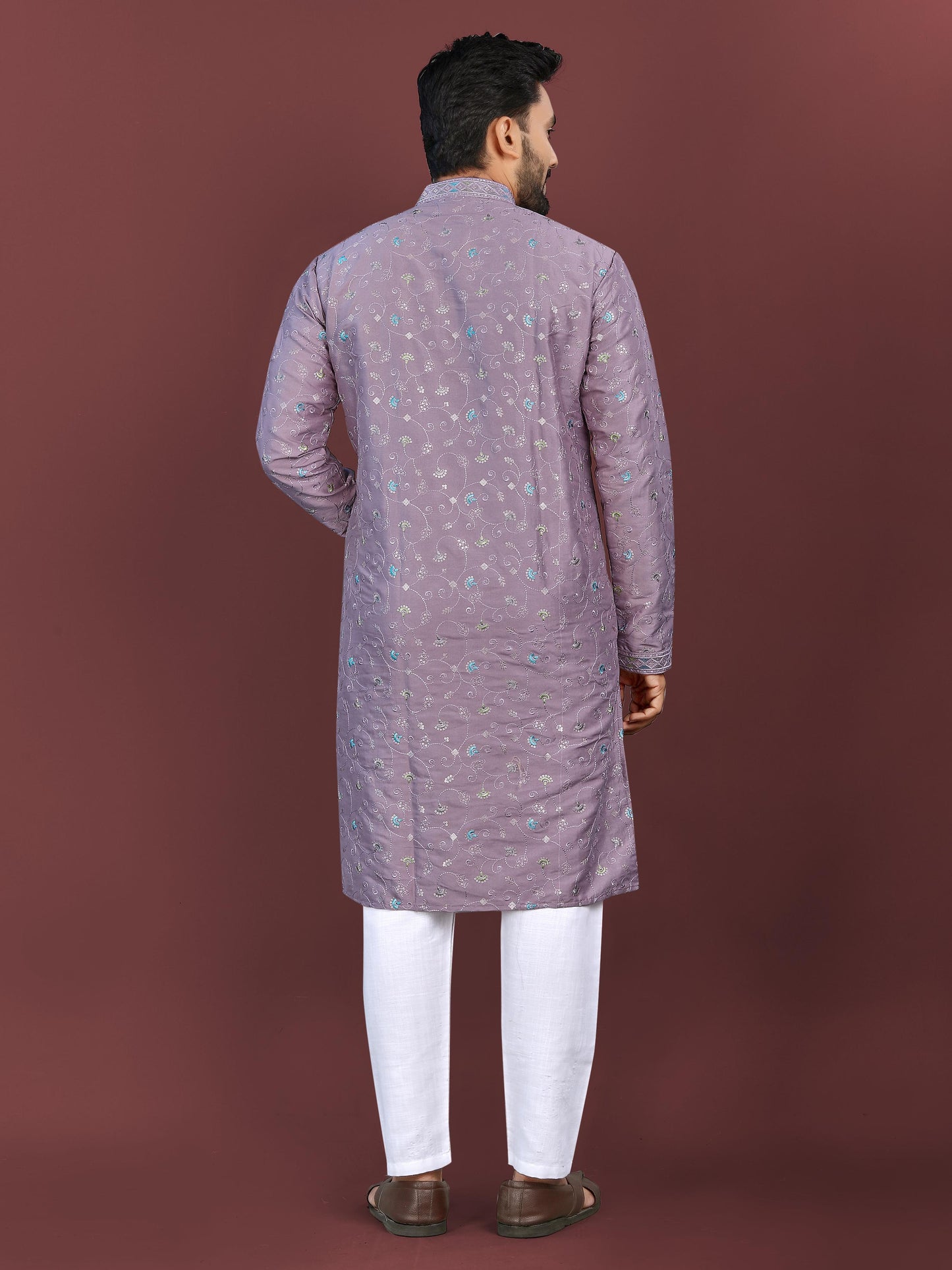 Purple color silky silk mens kurta with pajama design