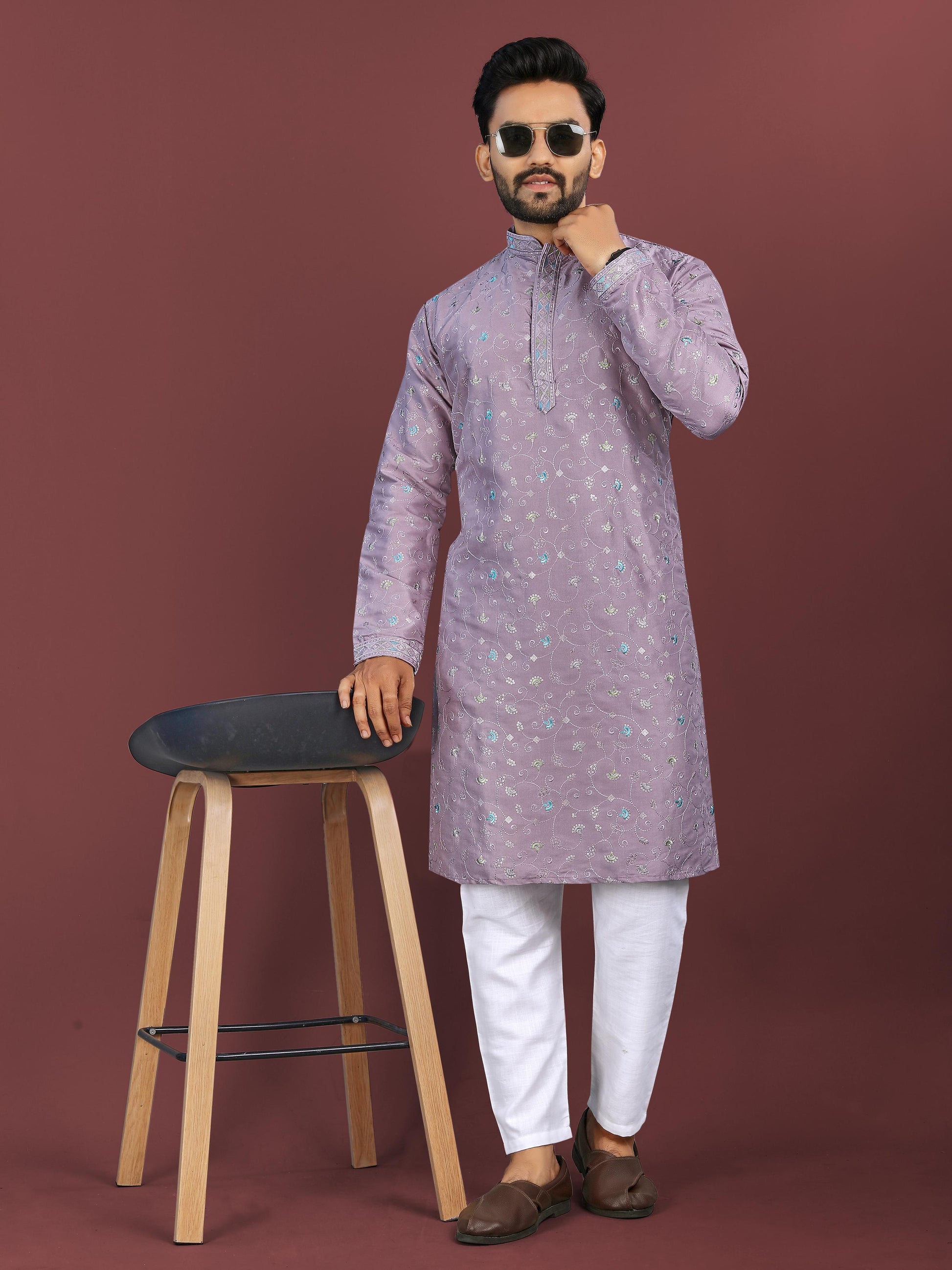 Purple color silky silk mens kurta with pajama price