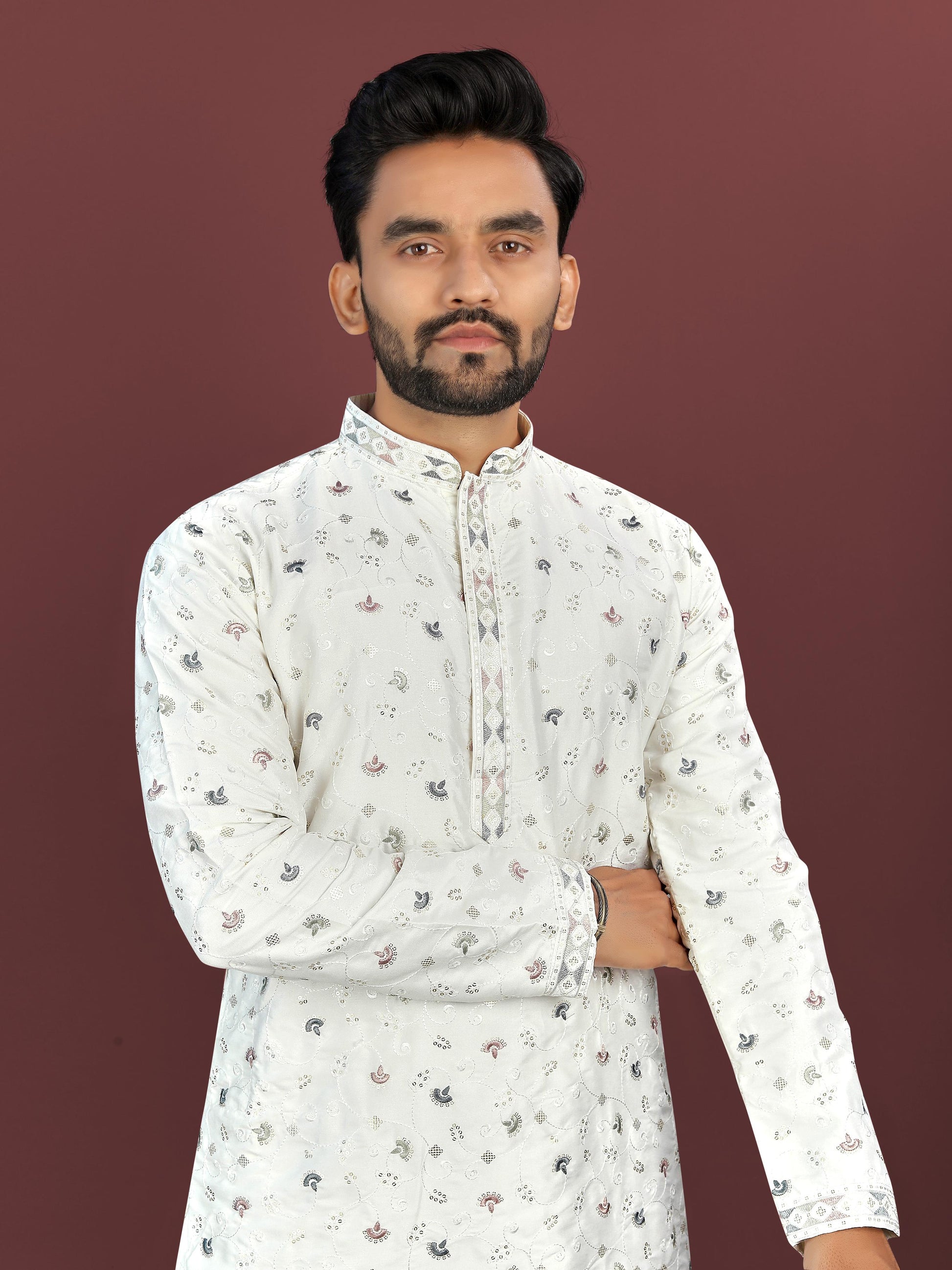 White color silky silk men's kurta with pajama price