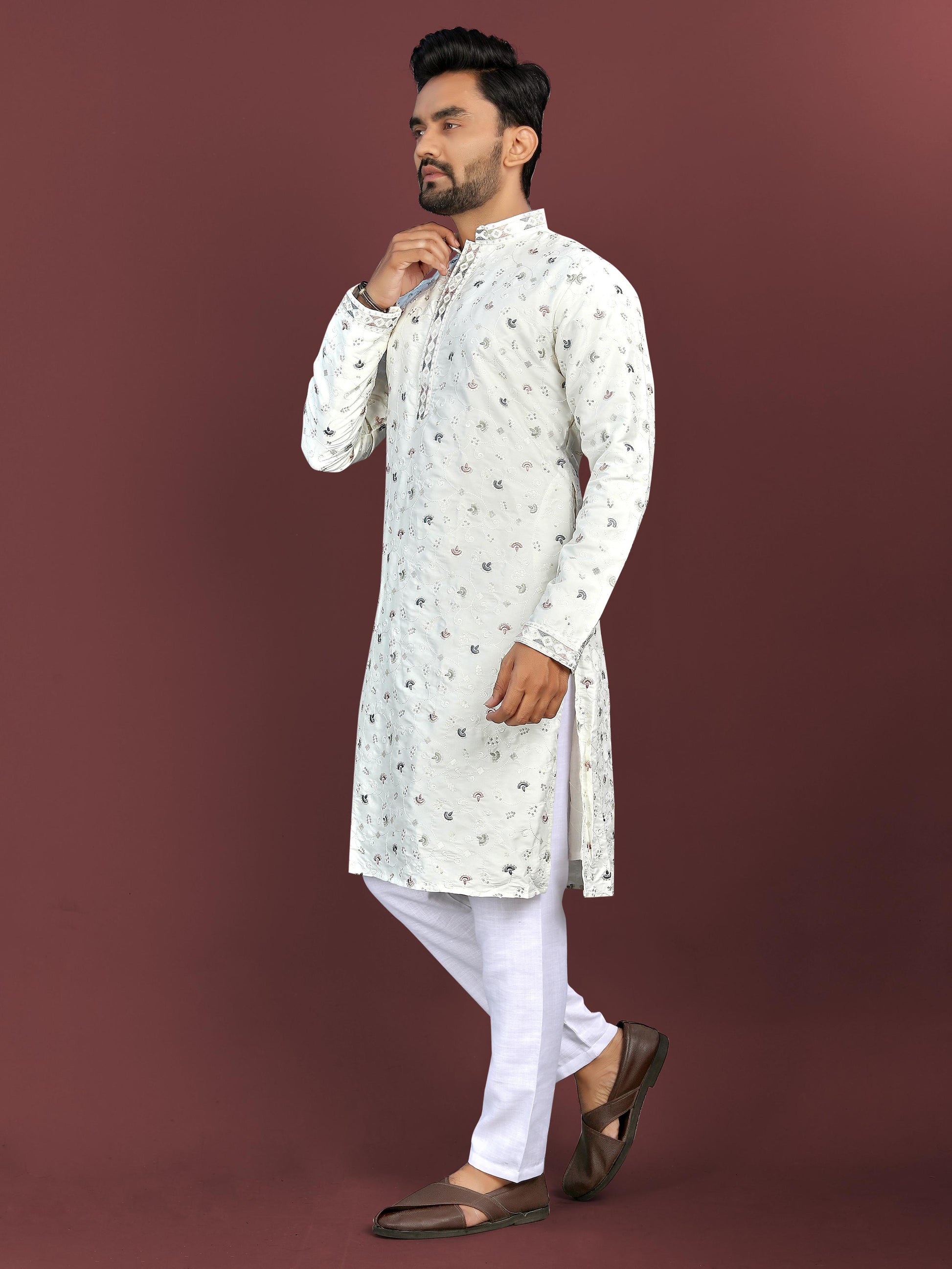 White color silky silk men's kurta with pajama online