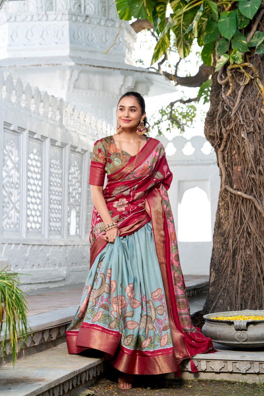 Sea green color dola silk printed lehenga choli price