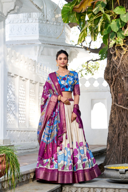 Off white color dola silk printed lehenga choli for women