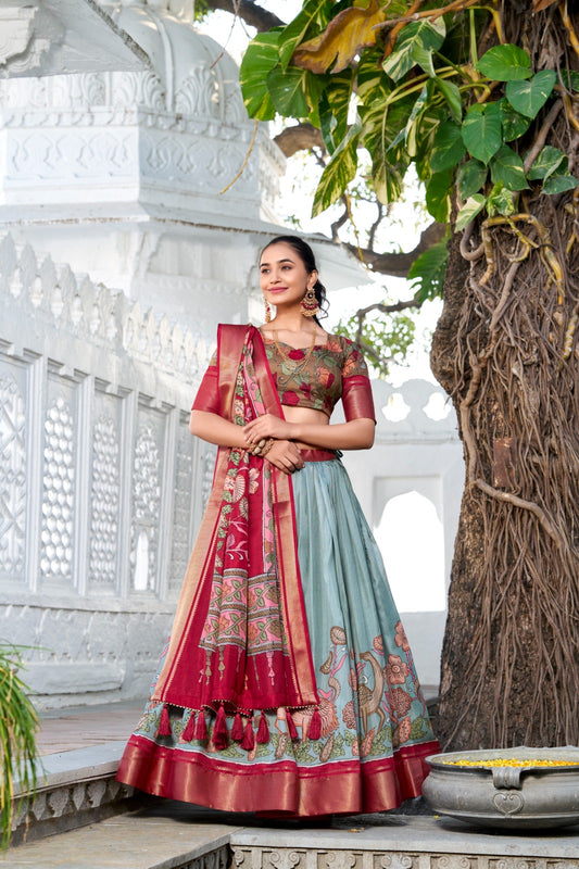Sea green color dola silk printed lehenga choli with dupatta online