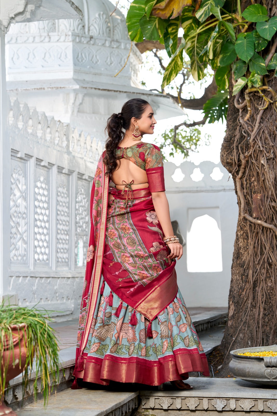 Sea green color dola silk printed lehenga choli with dupatta images
