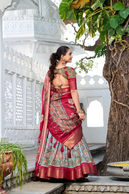 Sea green color dola silk printed lehenga choli with dupatta images